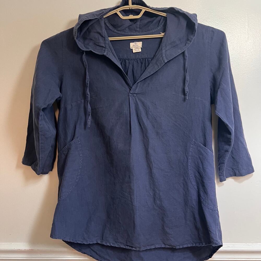 Dr. Flax 100% Linen Hooded Pullover Tunic Top Blue L/XL Relaxed Artsy Hoodie
